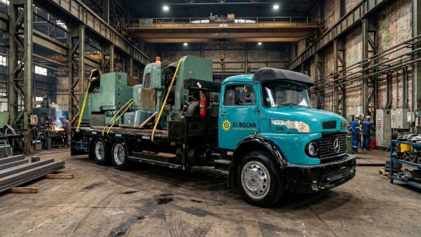 Camión de El Bocha transportando una máquina industrial dentro de una nave industrial