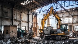 Excavadora desarmando un galpón